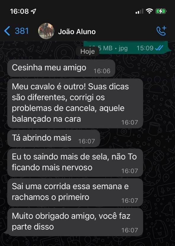 Aluno no WhatsApp: 'Meu cavalo é outro! Suas dicas são diferentes, corrigi os problemas de cancela'